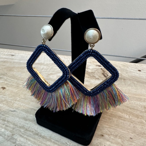 Target Colorful Navy Fringe Beaded Square Drop Earrings Fall Vacation Versatile - Picture 4 of 4